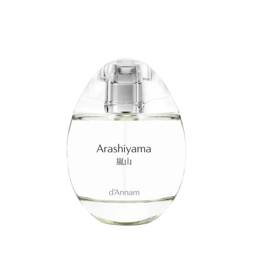 Clear, egg-shaped bottle labeled 'Arashiyama d'Annam' on a white background.
