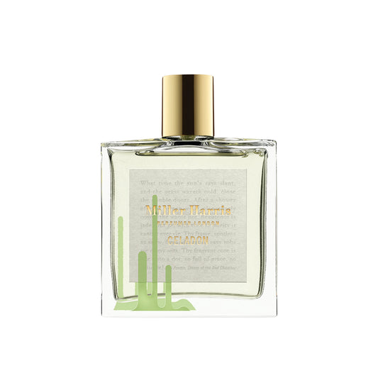 Rectangular bottle of perfume labeled 'Celadon' by Miller Harris with a gold cap