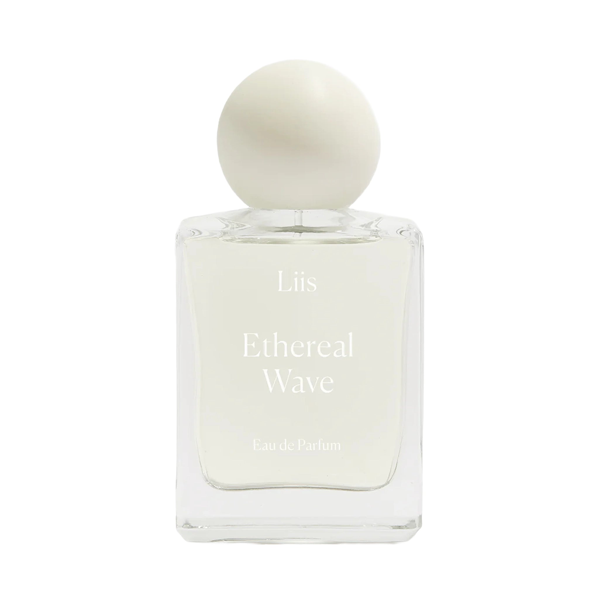 Glass perfume bottle with 'Ethereal Wave" printed on it with a round white cap