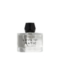 Perfume bottle with faceted black cap labeled 'LOVE-O-MATIC' on a white background