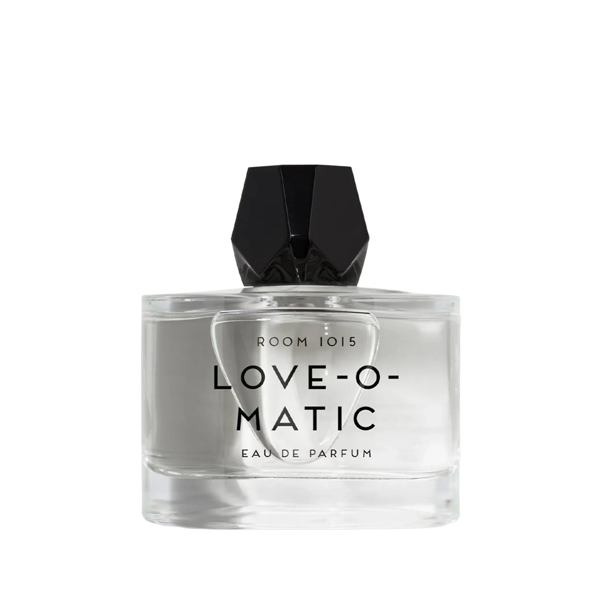 Perfume bottle with faceted black cap labeled 'LOVE-O-MATIC' on a white background