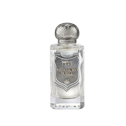 Perfume bottle with silver cap and label on a white background