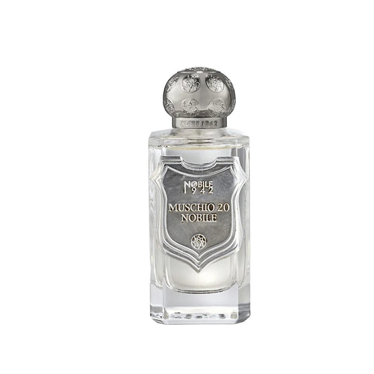 Perfume bottle with silver cap and label on a white background