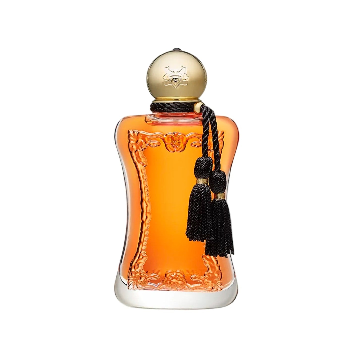 Decorative glass perfume bottle of Safanad by Parfums de Marly filled with amber liquid with a gold cap and a black tassel.