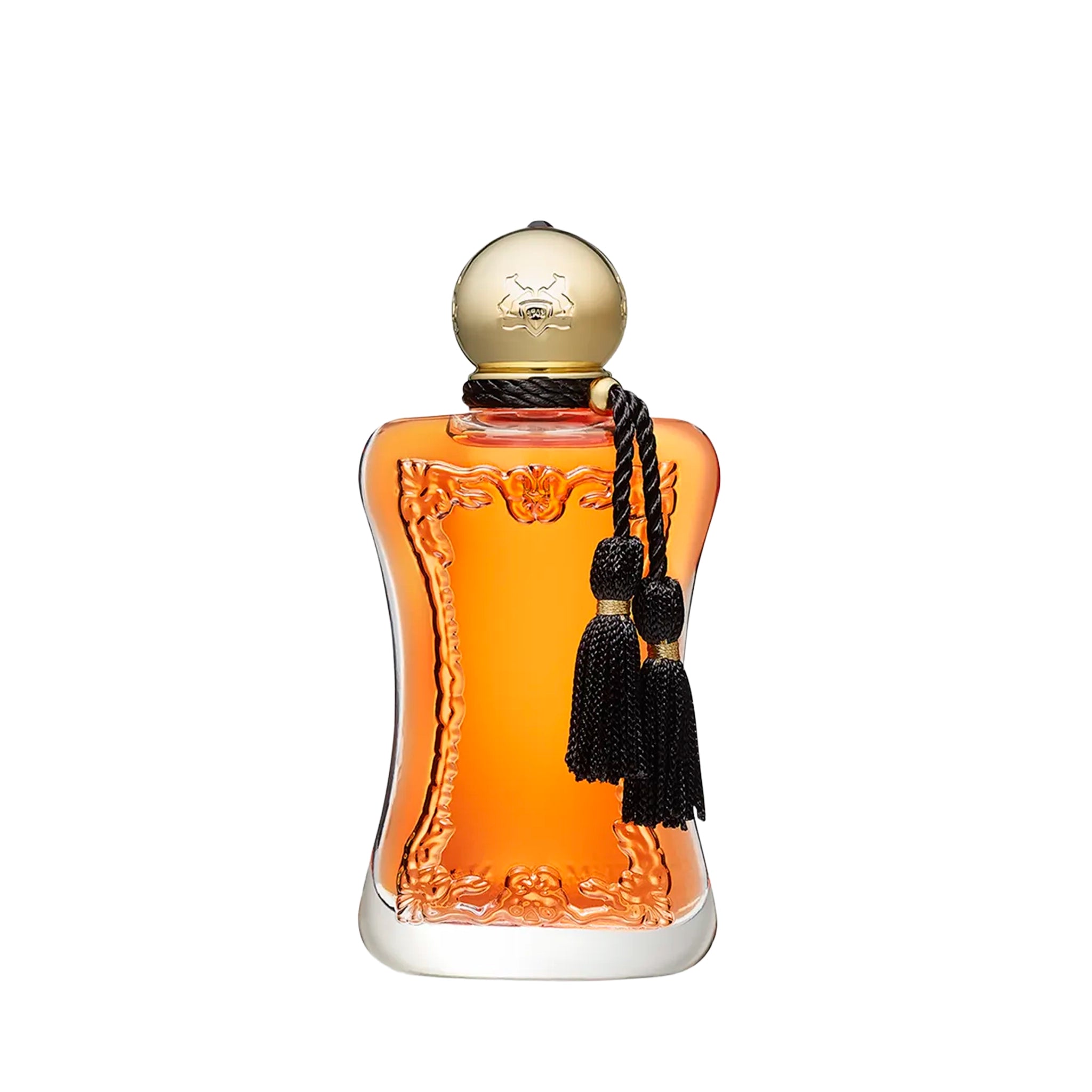 Decorative glass perfume bottle of Safanad by Parfums de Marly filled with amber liquid with a gold cap and a black tassel.