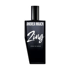 Black perfume bottle labeled 'Andrea Maack Zing' on a white background