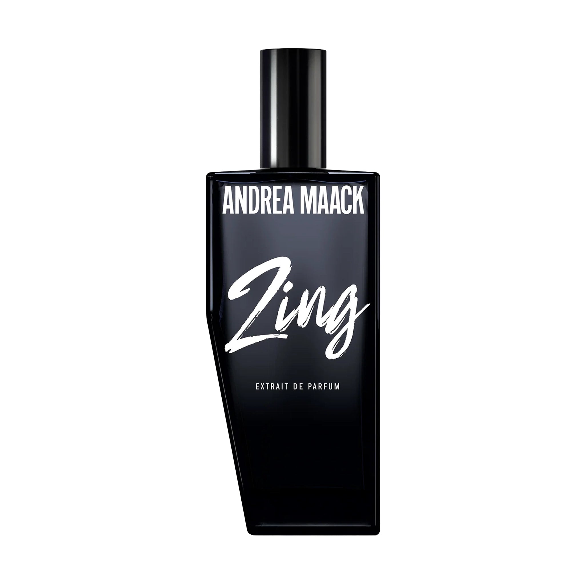 Black perfume bottle labeled 'Andrea Maack Zing' on a white background